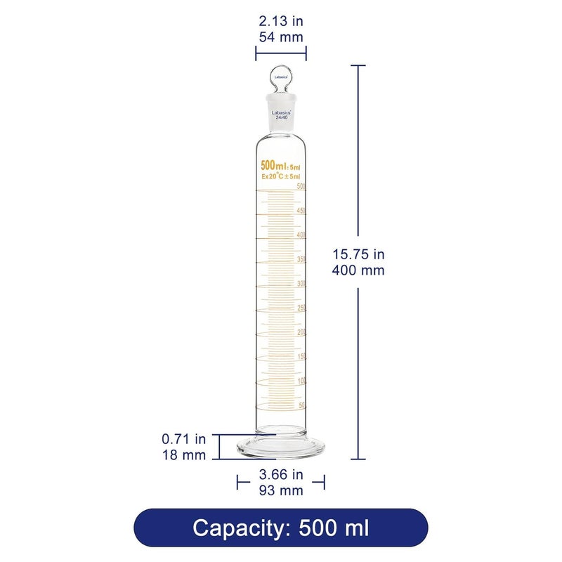 Labasics Graduated Cylinder with Stopper, 500 ml Borosilicate Glass Measuring Cylinder with 24/40 Standard Ground Joint Stopper, Durable Laboratory Glassware for Accurate Liquid Measurement - Image 4